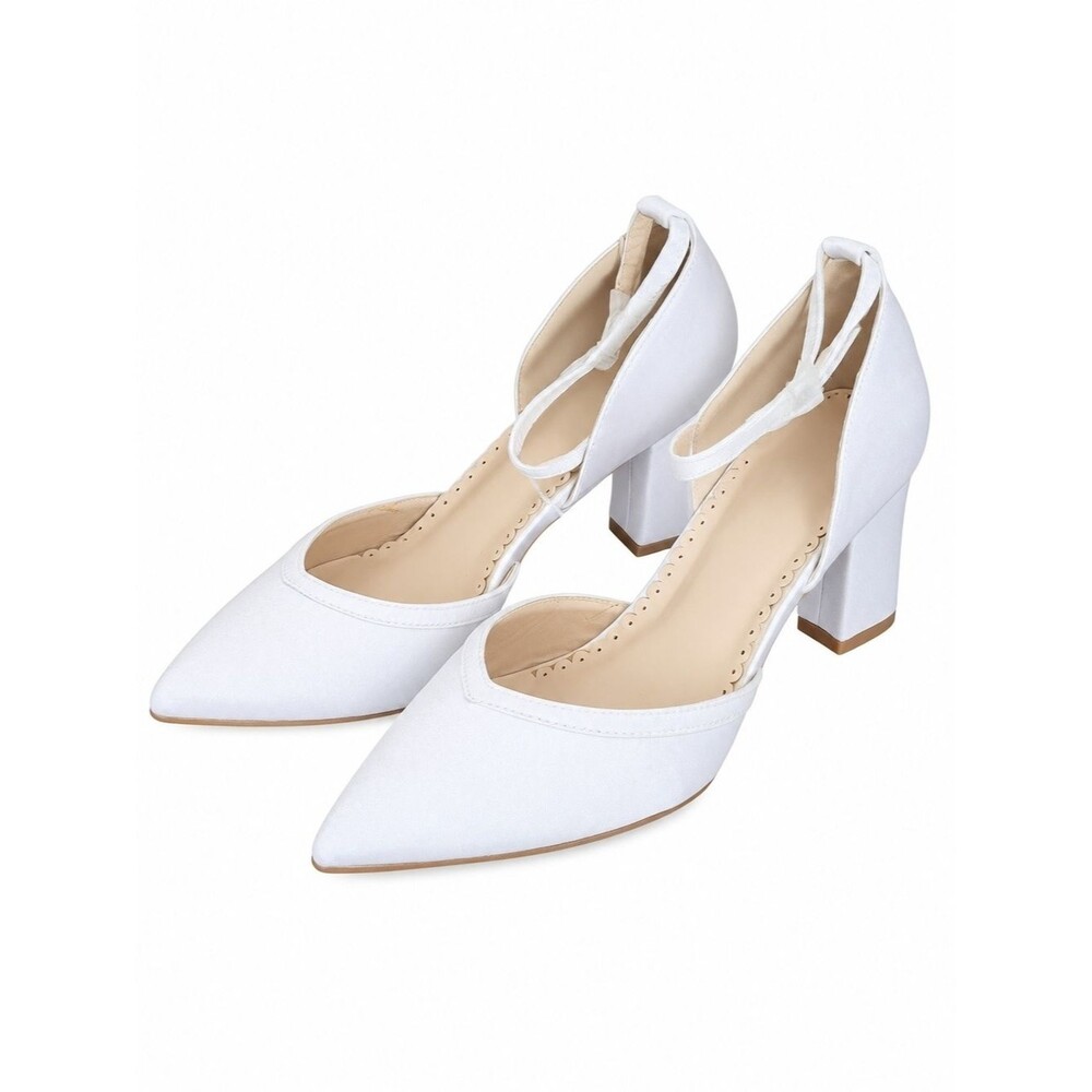 Women's Pointed Block Heel Ankle-Strap Pumps in White